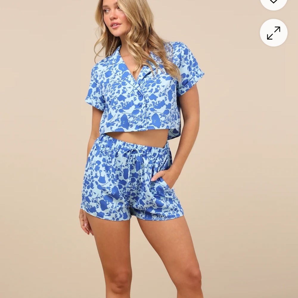 Lulu's Blue Watercolor Two Piece Set Wrap Top